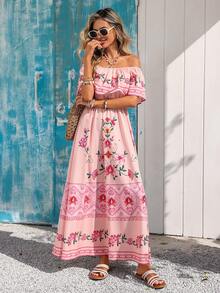 Vivid Eden Spring/Summer Holiday Dresses, Casual Off-The-Shoulder Ruffled A-Line Bohemian Style Printed Dresses, Summer Beach Dresses, Back-To-School Outfits, Very Simple Outfits, Women's Country Style Clothing, Office Wear, Old-Fashioned Style, Teacher's Outfits, Date Outfits, Graduation Season Casual Dresses For Spring And Summer. - Multicolor - View 5