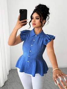Elenzga Áo sơ mi nữ cỡ lớn thời trang, thanh lịch, cổ bẻ, tay ngắn, có bèo nhún ở gấu và thắt eo, thích hợp cho mùa xuân/hè. - Màu xanh nhạt - Xem 6