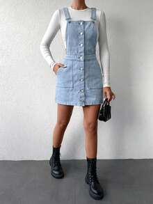 Women's Pocketed Single-Breasted Fashionable Versatile Vacation Travel Denim Jumpsuit Dress - Baby Blue - View 3