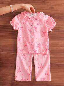 女童粉色蝴蝶结爱心图案荷叶边领开衫和裤子套装