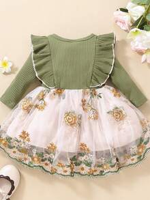 Vestido De Tul Para Bebé Niña De Primavera Otoño Con Manga Larga, Diseño Dulce Y Adorable Con Lazo Y Encaje De Rosas Bordadas - Verde - Ver 3