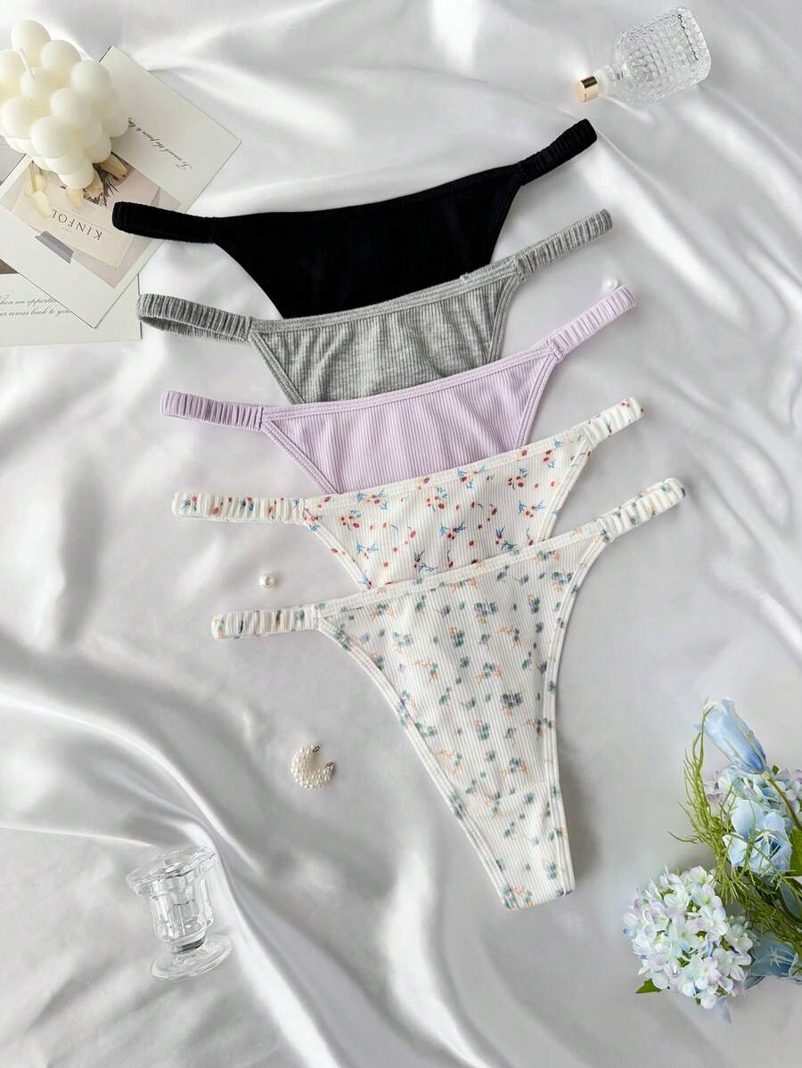 SHEIN 5条/包 纯色和碎花丁字裤套装 - 彩色 - 查看 1