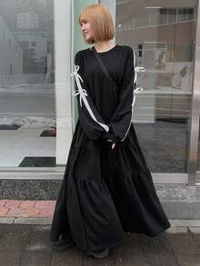 FRIFUL Women's Round Neck Contrast Color Ribbon Bow Decor Patchwork A-Line Long Casual Street Dress - Black - View 4