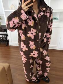 DAZY Women's Bear Pattern Plush Loose Pajama Set, Winter - Coffee Brown - View 8