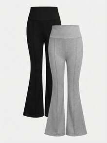 2件套少女休闲百搭罗纹保暖高领PU贴片喇叭裤套装，秋冬款