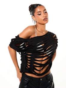SUMWON WOMEN Edgy Ripped Cut Out Off Shoulder Long Sleeve Top With Distressed Design For Casual Style - Black - View 4