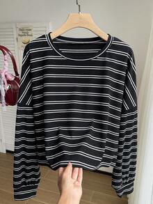 Comfortcana Plus Striped Drop Shoulder Tee - Black - View 3
