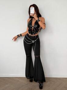 Coolane 女士四季皆宜哥特风 Y2K 演唱会锐舞节外出狂欢文艺复兴集市撞色蕾丝黑色小号喇叭裤 - 黑色 - 查看 5