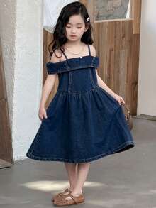 DAZY Young Girl Off-Shoulder Casual Korean Style A-Line Denim Dress - Medium Wash - View 4