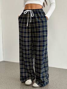 SHEIN Tall Pantalones anchos de mujer con patrón de cuadros y contraste de color, cómodos y adecuados para uso casual en otoño/invierno y primavera/verano - Multicolor - Ver 5