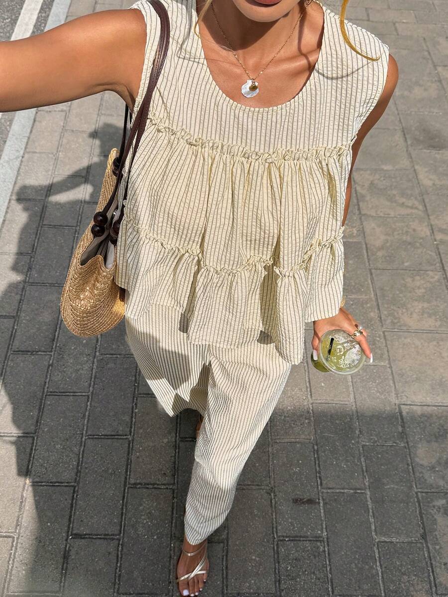 Serisse 女士休闲条纹吊带背心和裤子两件套，夏季 - 杏色 - 查看 1