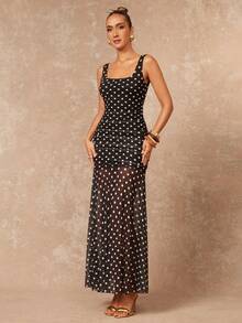 Lumalex Women's Elegant Polka Dot Mesh Sleeveless Fitted Flared Dress, Spring/Summer - Multicolor - View 7