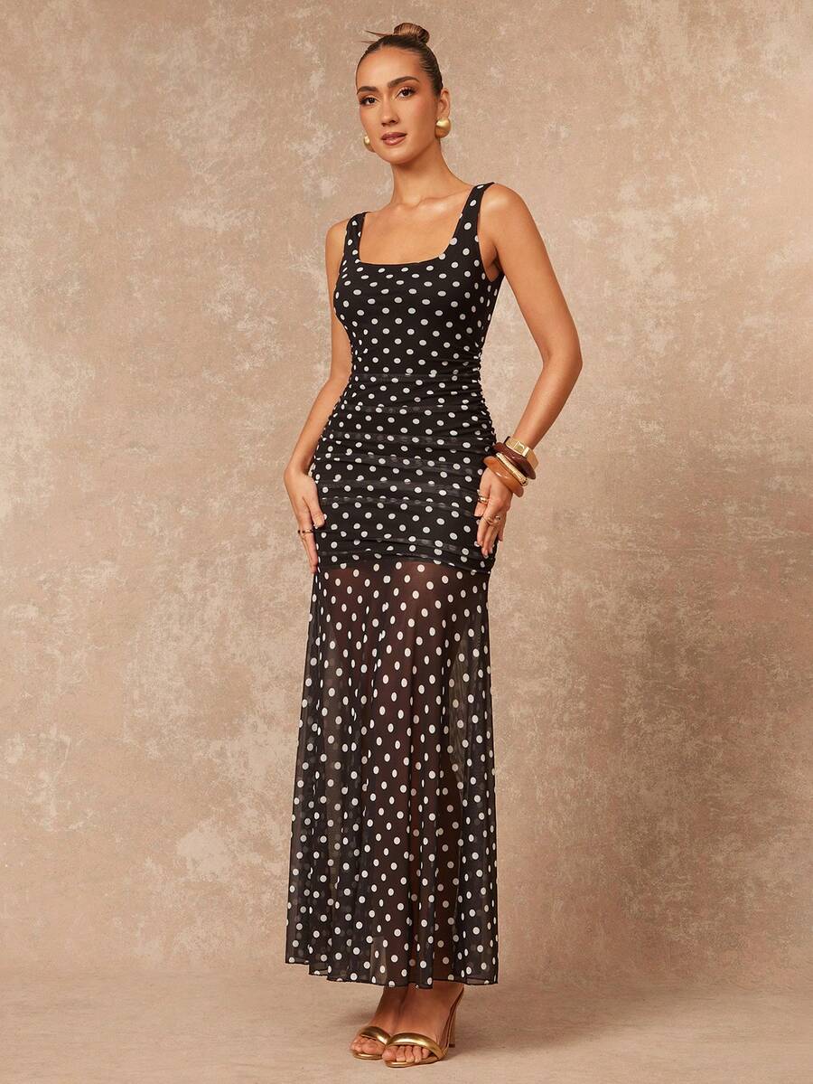 Lumalex 女士优雅波点网纱无袖修身喇叭连衣裙，春夏款 - 彩色 - 查看 1