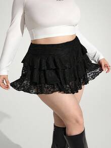 Enliva Abidrinkell Plus Size Solid Color Lace Cake Skirt, Casual And Comfortable For Summer Vacation, For Apple Rounded Body Shape - Black - View 4