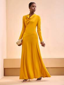 Zivah Festivalul de muzică nouă de primăvară 2025, Paște, Western, Stil nomad, Petrecere de ziua de naștere, Vacanță, Plajă, Petrecere elegantă, Rochie de bal, Rochie galben muștar cu mânecă lungă și decolteu încrețit, linie A - Galben - Vizualizare 4