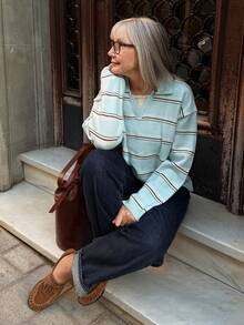 Vivie Lora Women's Collared Striped Knit Sweater, Loose Casual Relaxed Style - Blue - View 6