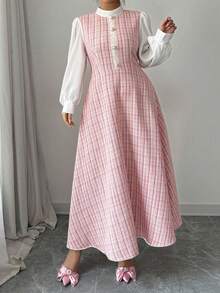 Modelyn Plus Size Tweed Woven Textured Long Sleeve Fitted A-Line Dress, Autumn/Winter - Pink - View 4