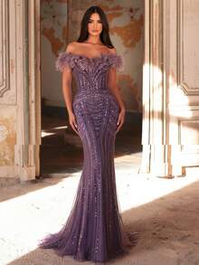 Glamrae 优雅奢华的露肩羽毛、珠饰和亮片花卉美人鱼礼服，适合婚礼、派对、度假、晚宴、正式活动（装饰繁复） - 紫色 - 查看 3