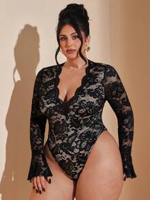 SHEIN BAE Plus Size Black Sheer Baroque Lace Bodysuit With V Neck Flare Sleeves - Black - View 6