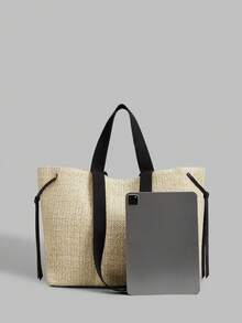 Ontre Ladies Large Capacity Straw Tote Bag With Webbing Shoulder Strap Detail For Holiday Commuting - Apricot - View 3