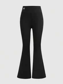 SHEIN 少女春夏休闲百搭刺绣蝴蝶结口袋修身喇叭针织裤，黑色 - 黑色 - 查看 6