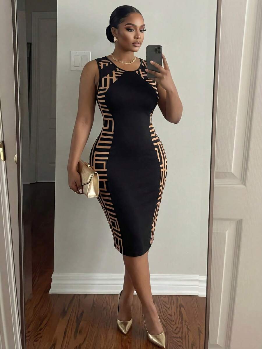 SHEIN Lady 优雅时尚的荷叶袖修身中长连衣裙，适合办公室穿着，尺码齐全。 - 黑色 - 查看 1