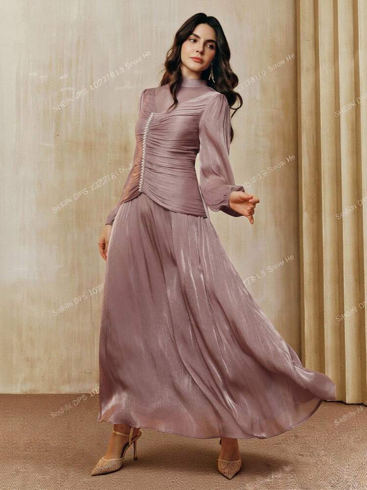 Robe Anewsta à col montant élégant, manches lanternes, décoration de perles, taille plissée, coupe évasée, automne/hiver