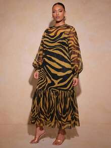 Vixey Animal Print Sheer Mesh Ruffle Hem Balloon Sleeve Dress, Cami Dress Underneath Not Included, Tiger Print Dress - Multicolor - View 4