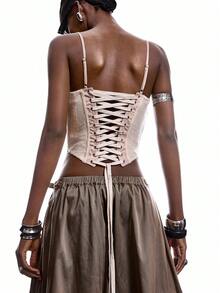 LYSMO 2026 New Arrive Minimalism Spring/Summer Sequin Patchwork Asymmetric Hem Criss-Cross Back Strap Camisole - Apricot - View 2