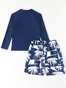 SHEIN Boys Swim Set - 2 Pieces UPF 50+ Swim Trunks And Rash Guard For Boys Teen Boy Swimwear Long Sleeves Bathing Suits With Trunks Quick Dry Swim Shirts Set 12-16Y Boys Rash Guard Top Teen Rash Guard Boys Long Sleeve Swim Teen Boys Swim Shirt - Navy Blue - View 2