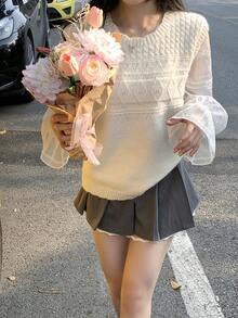 DAZY 女士圆领菱形图案长袖毛衣，秋冬款 - 米色 - 查看 3