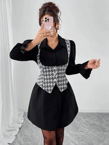 Elenzga 加大码连衣裙两件套背心拼接衬衫裙，黑白千鸟格图案，优雅女友风，适合派对、休闲穿着，新年、圣诞节、家庭聚会等场合皆宜。长袖衬衫领加大码黑白连衣裙 - 彩色 - 查看 7