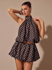 SHEIN BAE Solid Brown/Coffee Polka Dot Backless Puff Sleeve Cropped Top With Bow Ruffle & Low Waist Bubble Hem Mini Skirt 2 Piece Set, Party/Holiday - Brown - View 4