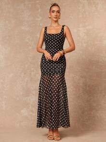 Lumalex Women's Elegant Polka Dot Mesh Sleeveless Fitted Flared Dress, Spring/Summer - Multicolor - View 4