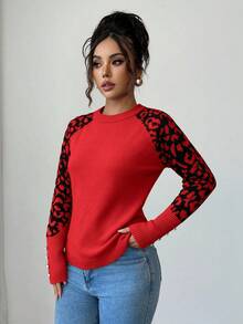 Elenzga Women's Fashionable Leopard Print Patchwork Pearl Button Raglan Sleeve Fitted Knit Sweater - Red - View 5