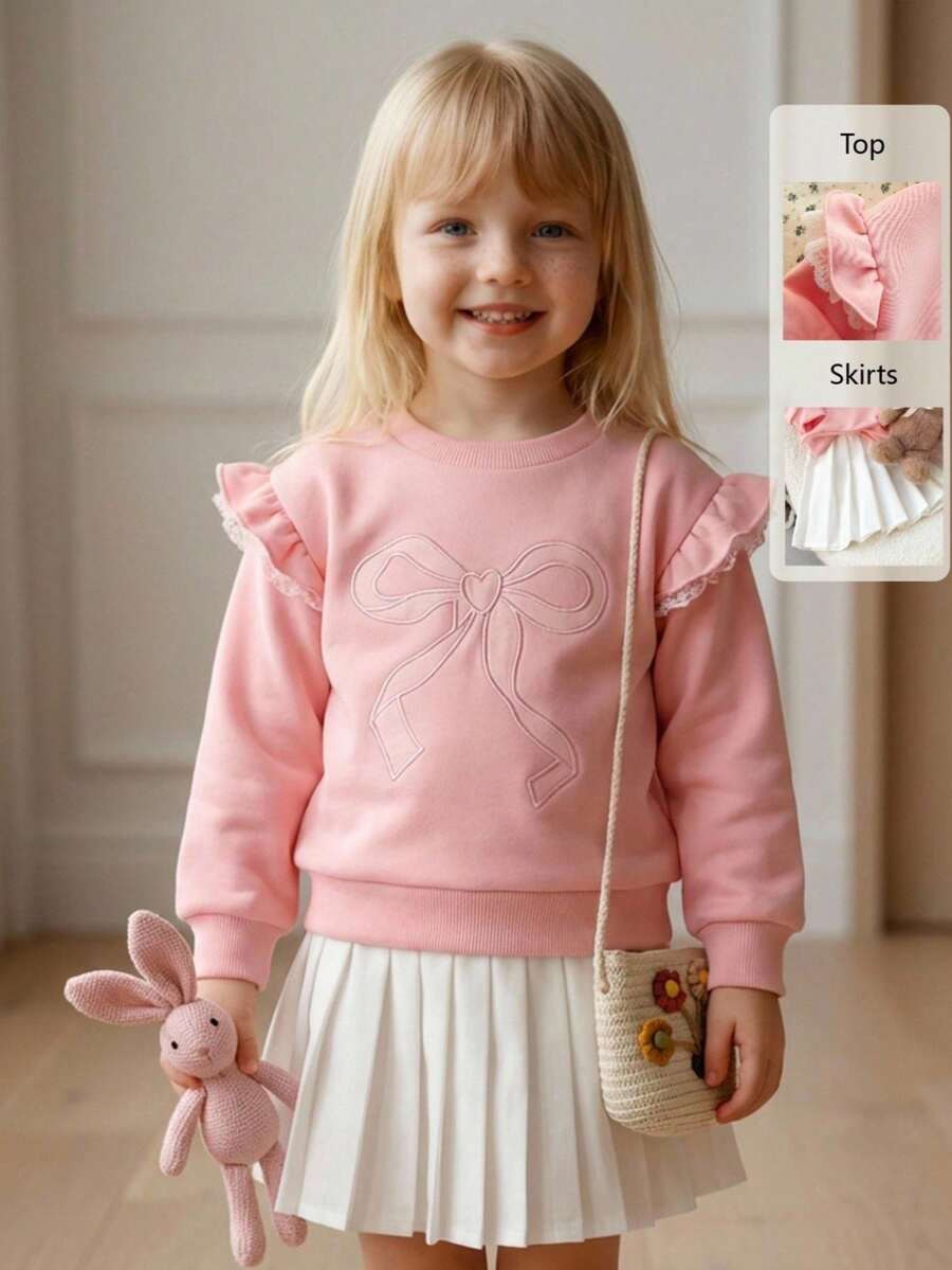 Playful Pals 2pcs/Set Young Girls' Round Neck Ruffle Trim Long Sleeve Sweatshirt With Embroidered Bow + Elastic Waist White Pleated Mini Skirt Cute Casual Outfit, Suitable For Spring/Autumn Daily Wear Or Travel - Pink - View 1