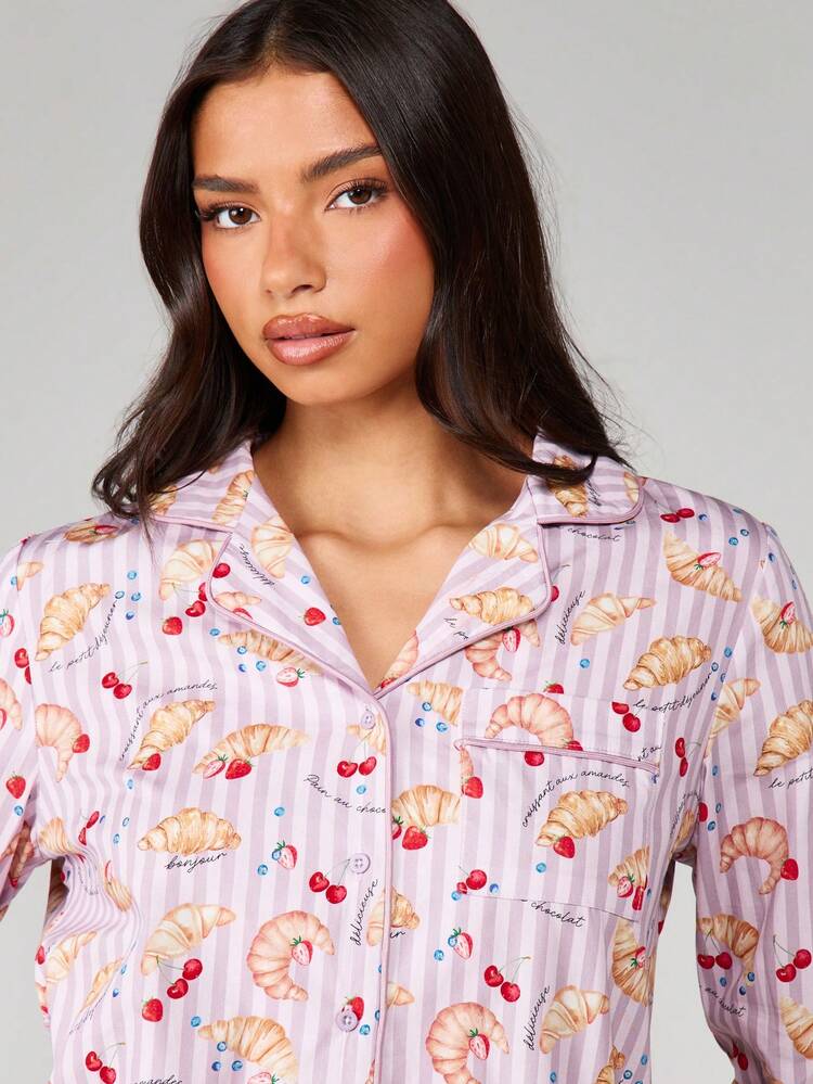 MISSGUIDED Cute Croissant Cherry Print Button Up Sleep Dress Long Sleeve Pajama Shirt Dress Loungewear Nightgown
