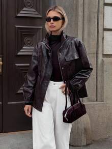 Ontre 2025秋冬女式夹克，PU皮革材质，商务休闲复古百搭款，收腰设计，宽松版型，棕色，都市简约通勤风 - 鏽棕色 - 查看 3