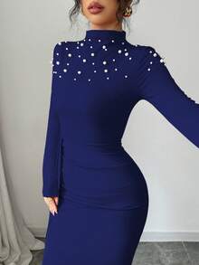 Elenzga Handmade Beaded Pleated Slit Dress For Women - Navy Blue - View 6