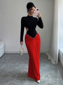 Elenzga Elegant Sexy Party Dress With Pearl Decor & Cutout Design, Autumn/Winter - Red - View 5