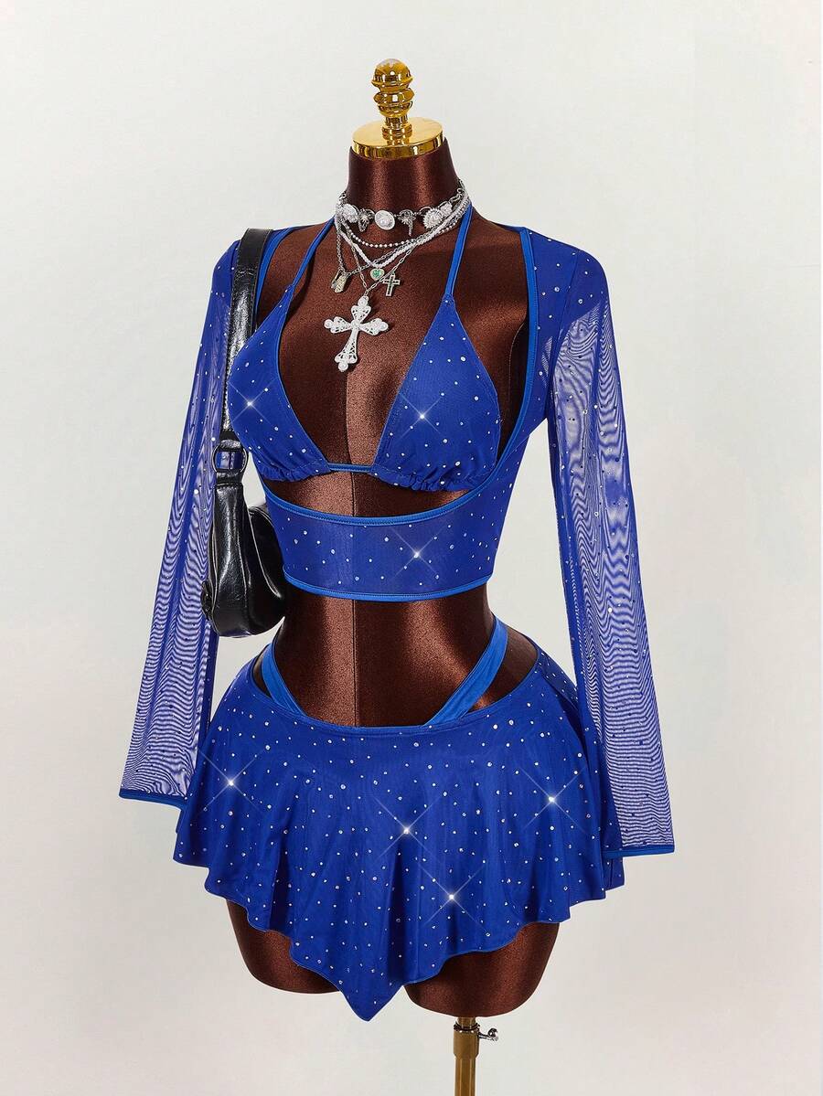 Amplova 两件套：亮片装饰性感紧身长袖露脐上衣和紧身倒V领迷你裙 - 寶藍色 - 查看 1