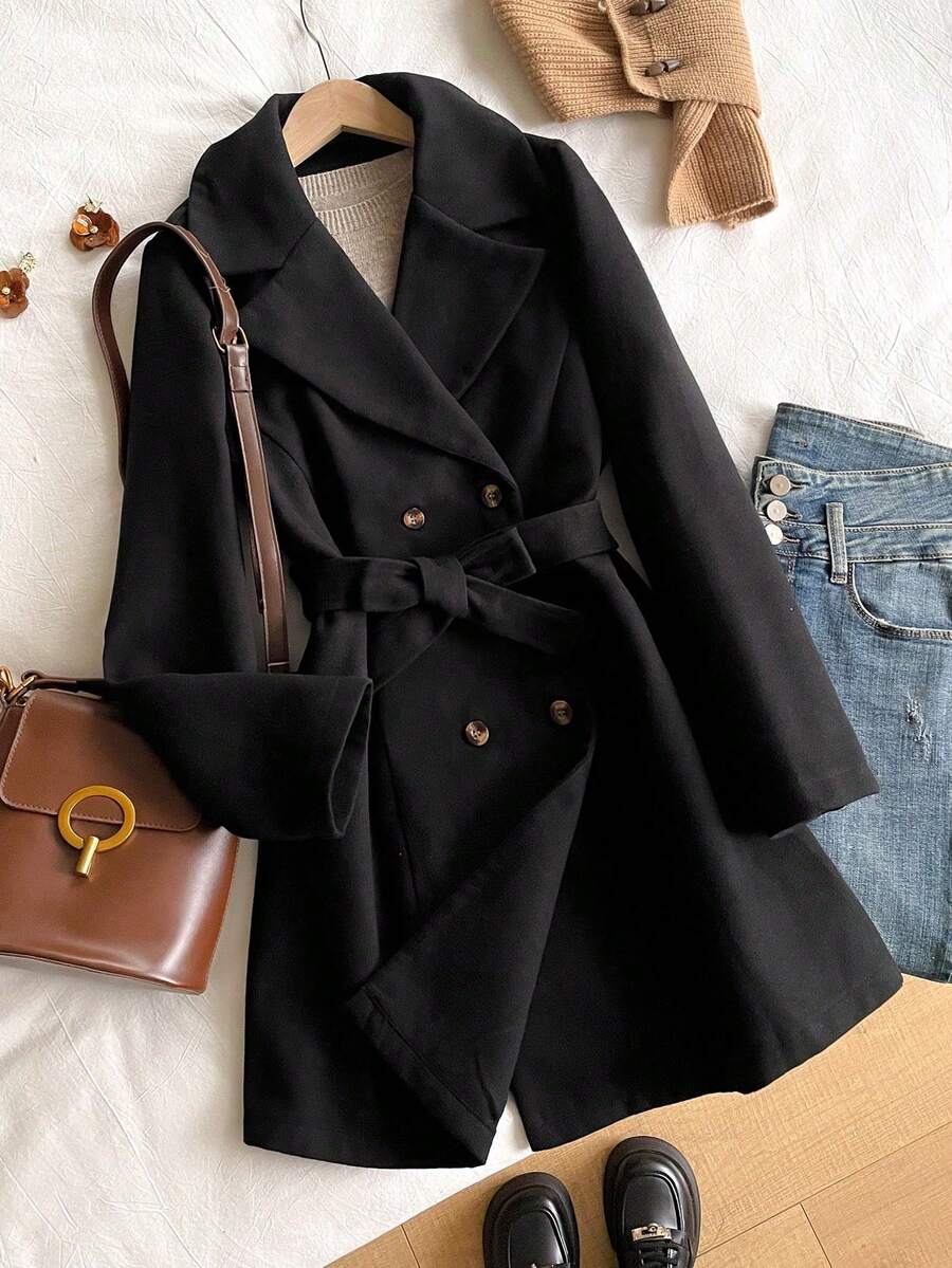 SHEIN 一件少女时尚加厚羊毛大衣，复古翻领，双排扣，长袖，可调节腰带，适合秋冬季节，保暖，户外休闲，居家旅行皆宜。 - 黑色 - 查看 1