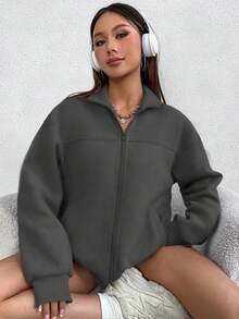 Flirla Áo sweatshirt nữ cổ đứng, màu trơn, kiểu dáng thường ngày, có khóa kéo, thích hợp cho mùa thu. - Màu xám đen - Xem 5
