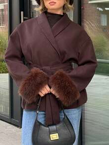 Bethéva Abrigo de color café con puños de peluche a la moda, para otoño/invierno - Café integral - Ver 3