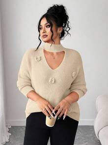 Elenzga Plus Size Women Elegant Solid Color Round Neck Collar Crochet Dropped Shoulder Sweater, Long Sleeve Knit Pullover, Autumn/Winter - Apricot - View 1