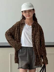 DAZY 女童豹纹翻领长袖休闲衬衫，秋季款 - 咖啡棕 - 查看 3