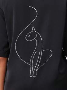 BABYPHAT Rhinestone Cat Print Short Sleeve Button Up Pajama Sleep Shirt With Collar And Chest Pocket - Black - View 5