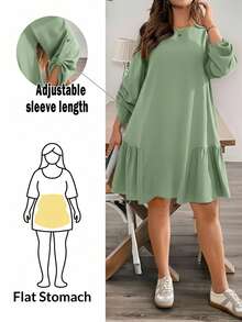 SHEIN Essnce Đầm đen dáng suông thoải mái, đa năng, ôm dáng, có thể điều chỉnh độ dài tay áo, dành cho nữ cỡ lớn, thời trang mùa xuân và mùa thu, trang phục mùa thu, đầm đen cho nữ, trang phục đi nhà thờ cho nữ, đầm dễ thương tôn dáng, kiểu dáng đơn giản. - Màu xanh Bạc hà - Xem 1
