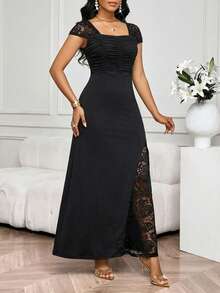 SHEIN Lady Váy dự tiệc ren chắp vá thanh lịch dành cho nữ - màu đen - Xem 6