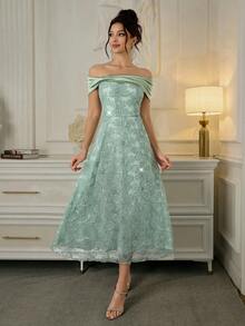 Poshira Women's Off-Shoulder Ruched Jacquard Sparkly Elegant Formal Gown